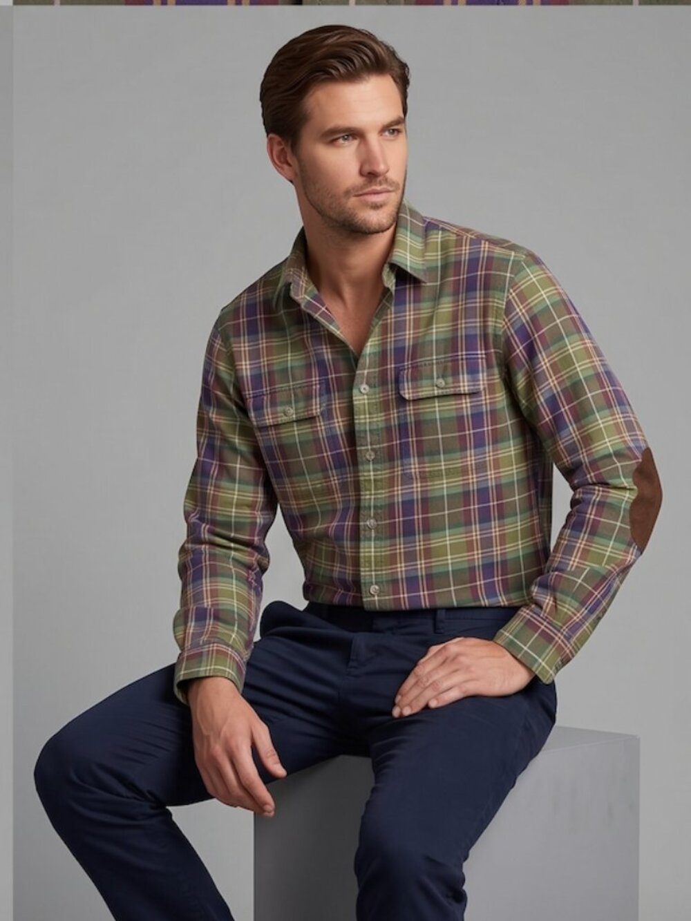 Men's Polo Ralph Lauren Heritage Plaid Shirt with Suede Patches - Size Small